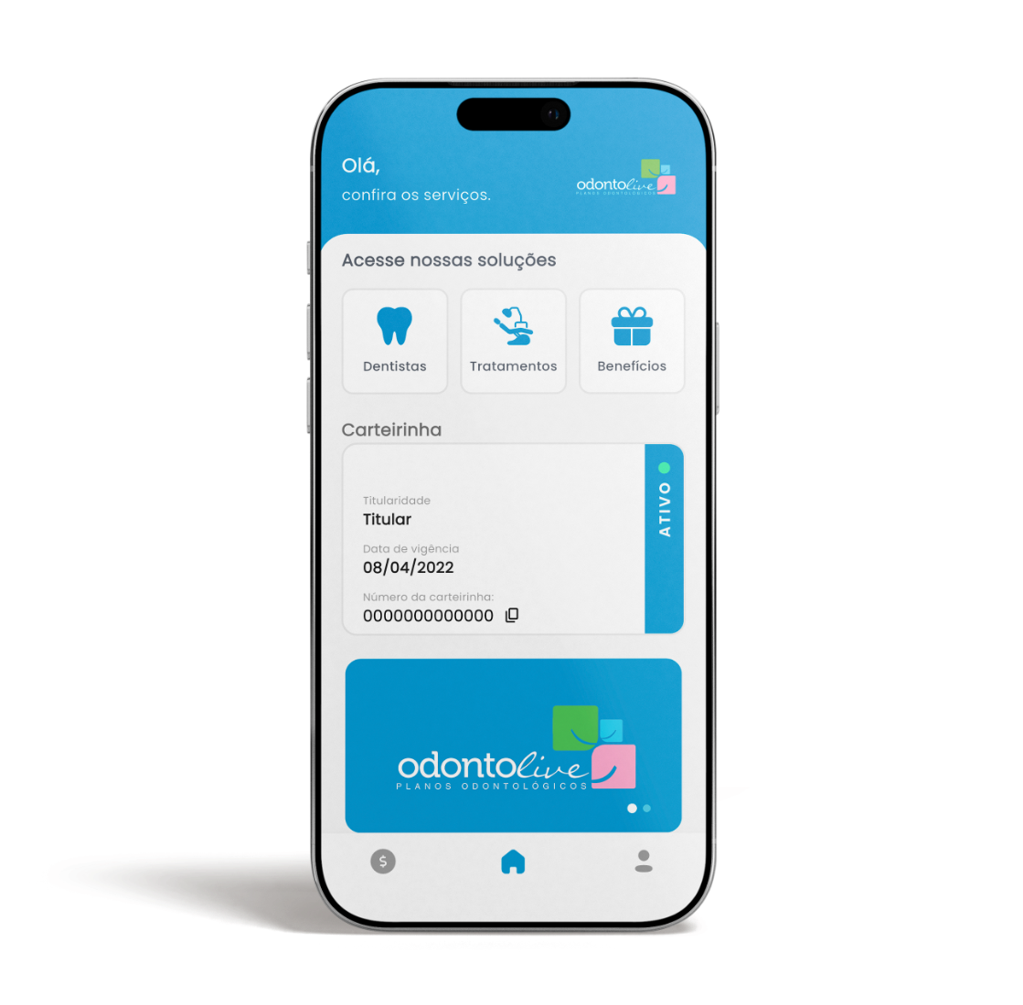Tela do aplicativo Odontolive com carteirinha digital